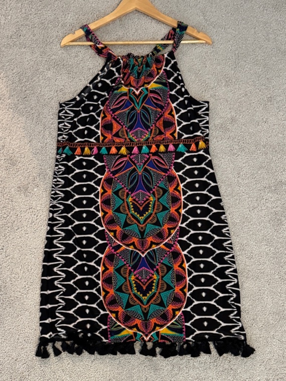 Trina Turk Size Small- Black Multicolor Tassel-Trim Halter Dress